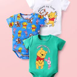 Babyhug Disney Interlock Knit Half Sleeves Onesies with Winnie the Pooh Graphics Pack of 3 - White Green & Blue-image-97