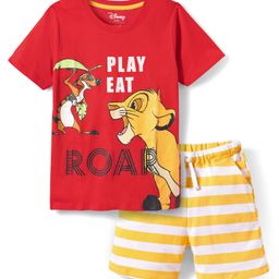 HoneyHap Disney Single Jersey Knit Half Sleeves T-Shirt & Striped Shorts Set With Lion King Graphics - Red & Yellow-image-40
