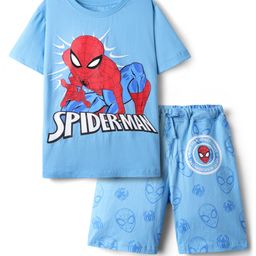 Pine Kids Marvel Single Jersey Knit Half Drop Shoulder Sleeves Oversized Shorts Night Suit with Spiderman Graphics - Light Blue-image-69
