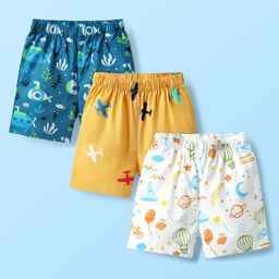 Babyhug Cotton Woven Boxers With Vehicle & Tropical Theme Print Pack Of 3 - White Yellow & Teal Blue-image-20