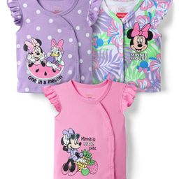 Babyhug Disney 100% Cotton Frill Sleeves Front Open Jhablas With Minnie Mouse Graphics Pack Of 3 - Lilac Pink & Green-image-71