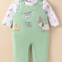 ToffyHouse Interlock Knit Dungaree Style Romper & Full Sleeves Inner Tee With Animal Print & Embroidery - Light Green & White-image-68