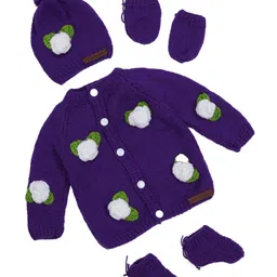 The Original Knit Full Sleeves Floral Embroidered Sweater With Cap Mittens & Socks Set - Purple-picture-24