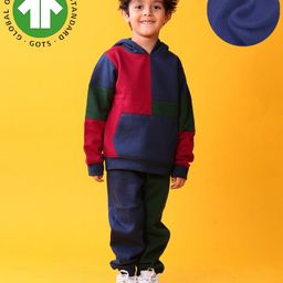 Anthrilo Fleece Knit Full Sleeves Colour Block Coordinating Hoodie & Jogger Set - Navy & Green-picture-3