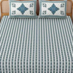 MAFATLAL Jaipuri White & Blue Floral Printed Cotton 144TC King Bedsheet Set- 2.34m x 2.70m-image-91