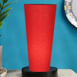 Devansh Red Cotton Cylinder Table Lamps With Brown Round Wood Base-78
