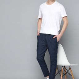 Mast & Harbour Men Navy Blue Solid Cotton Linen Cargo Trousers-picture-51