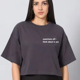 Besick Women Typography Printed Round Neck Cotton Boxy T-shirt-picture-0