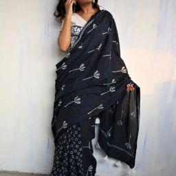 Chidiyaa Blue Block Printed Cotton Mul Saree-31