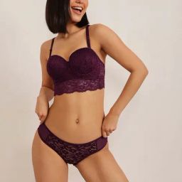 Clovia Purple Padded Underwired Multiway Longline Bralette In Balconette Style & Low Waist Bikini Panty - Lace-image-4