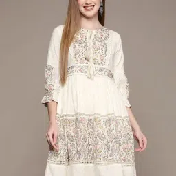 Ishin White Cotton Embroidered A-Line Dress-image-15