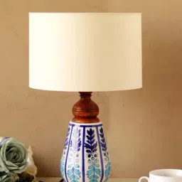Unravel India 'Flower Motif Mugal Art' Blue & White Ceramic Table Lamp With Shade - Set of 1-14