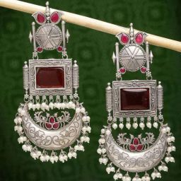 NVR Silver-Plated Artificial Stones and Beads Chand Bali Earrings for Women-image-5