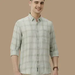 Linen Club Green Linen Contemporary Fit Checks Shirt-image-17
