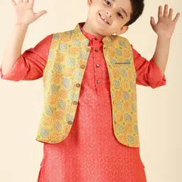 Fabindia Kids Yellow Printed Nehru Jacket-image-39