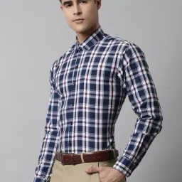 Jainish Navy & White Cotton Regular Fit Checkered Shirt-image-32