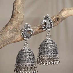 NVR Silver-Toned Peacock Design German Silver Oxidized Dome Shaped Jhumki Earrings for Women-5
