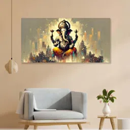 Nestroots Multicolor Canvas Ganesha Jamming With Joyful Strings Wall Painting - Gold Floating Frame image 1