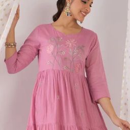Indo Era Pink Cotton Regular Fit Embroidered Kurta-image-86