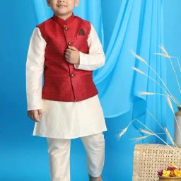 VASTRAMAY Boys Maroon & Cream Self Full Sleeves Kurta Sets-image-68