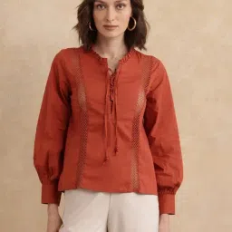 RAREISM Rust Cotton Solid Long Sleeves Top-image-16