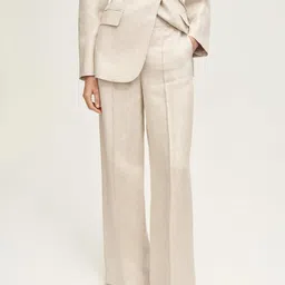 MANGO Women Pleated Mid-Rise Pure Linen Wide Leg Flared Trousers-image-76