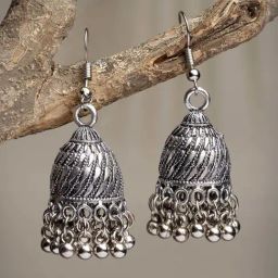 NVR Silver-Toned German Silver Oxidized Dome Shaped Jhumki Earrings for Women-27