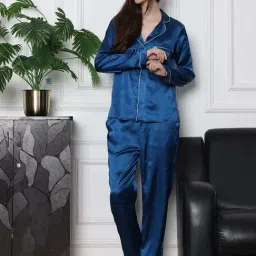 Slumber Jill Blue Satin Regular Fit Pyjama Set-image-56