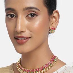 Zaveri Pearls Green & Pink Stones South Indian Style Necklace & Earring Set-ZPFK9904-image-17