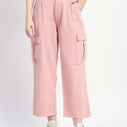 MADAME Pink Cotton Relaxed Fit High Rise Cargo Jeans-image-42