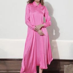 RAREISM Pink Modal Solid Long Sleeves Dress-image-76