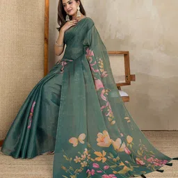 HERE&NOW Green Printed Art Silk Block Print Sarees-picture-2