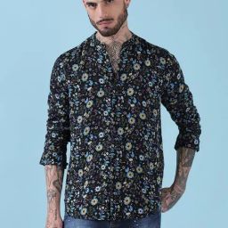 Showoff Black Cotton Slim Fit Floral Print Shirt-image-53