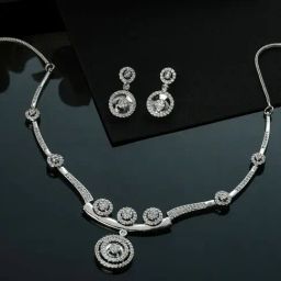 Aatmana Silver-Plated White American Diamond & CZ Stone-Studded Necklace Set-image-88