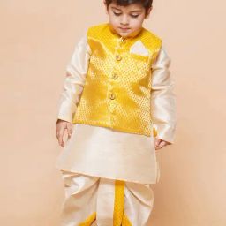 AJ Dezines Kids Beige & Yellow Self Design Full Sleeves Kurta, Dhoti with Waistcoat-image-119