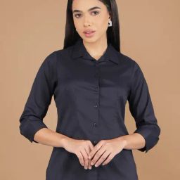 Crimsoune Club Navy Blue Blended Regular Fit Solid Shirt-picture-3