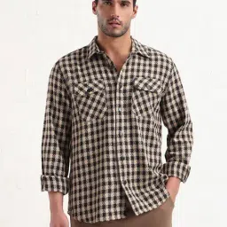Showoff Beige & Black Cotton Slim Fit Checks Shacket-image-6