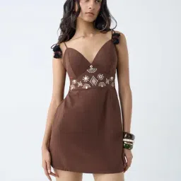 Bombay Paisley by Westside Brown Embroidered Cotton-Blend A-Line Dress-picture-35