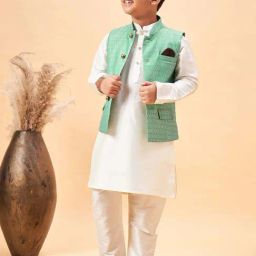 VASTRAMAY Boys Cream & Green Self Full Sleeves Kurta Sets-picture-9