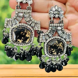 OPUS GEMS Artificial Stones Studded & Beaded Floral Shaped Drop Earrings-picture-3