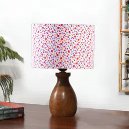 Devansh White & Pink Printed Wooden Cotton Cylindrical Shaped Table Lamp-44
