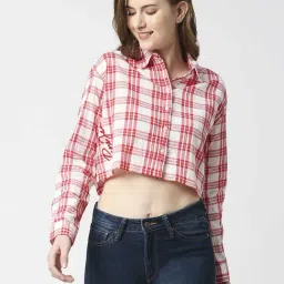 Pepe Jeans Red Cotton Chequered Crop Shirt-image-77