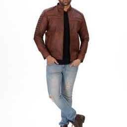 Everestwolf Men Checked Leather Leather Jacket-image-67