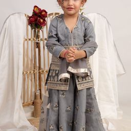 Sangria Girls Grey & Gold Embroidery Organza Net Ethnic Lehenga Choli-picture-0