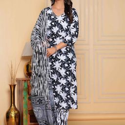 YUSRA Floral Printed Gotta Patti V-Neck Straight Kurta with Trousers & Dupatta-image-18