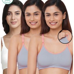 Inner Sense Pack Of 3 Organic Cotton Antimicrobial Solid Colour Nursing Bra - Grey & White-image-51