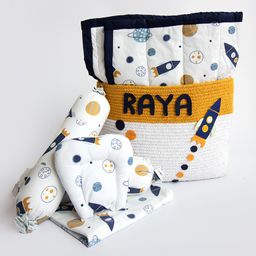 Yellow Doodle Child Of The Universe Printed Organic Bedding Gift Basket - Blue-image-17