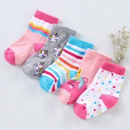 Cutewalk By Babyhug Anti Bacterial Ankle Length Non Terry Socks Unicorn Design Pack of 5 - Pink &Blue-image-82
