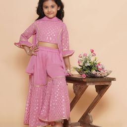 AJ Dezines Three Fourth Bell Sleeves Foil Printed & Lace Embellished Kurta With Coordinating Sharara & Dupatta - Pink-image-44