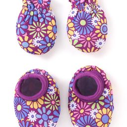 Babyhug 100% Cotton Knit Mitten & Booties Floral Print - Purple-image-38